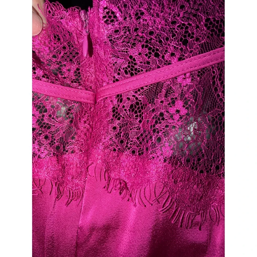 FORE Magenta Satin Lace Cutout Midi Dress Pink V-Neck Open Back Evening Gown S - Picture 4 of 5